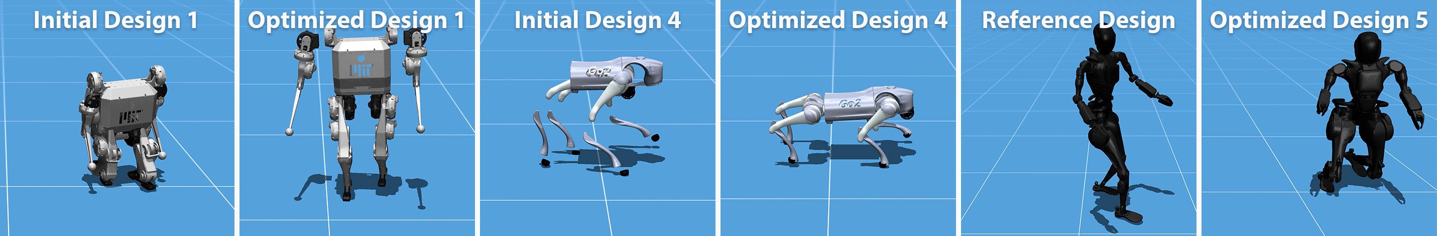 Optimized robot designs for Unitree Go2, MIT Humanoid, and Fourier GR1 T2